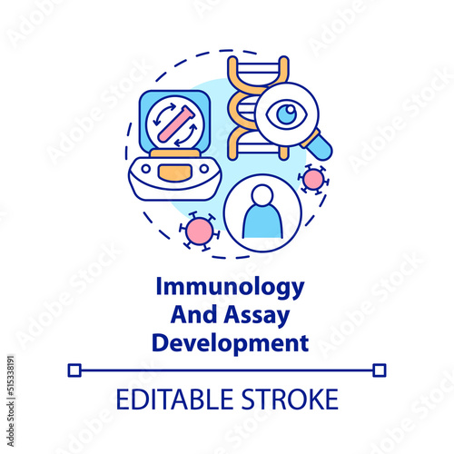 Immunology and assay development concept icon. Pandemic preclinical research abstract idea thin line illustration. Isolated outline drawing. Editable stroke. Arial, Myriad Pro-Bold fonts used