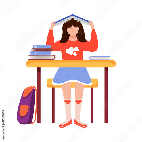 Female child overloaded with homework semi flat color vector character. Sitting figure. Full body person on white. Simple cartoon style illustration for web graphic design and animation