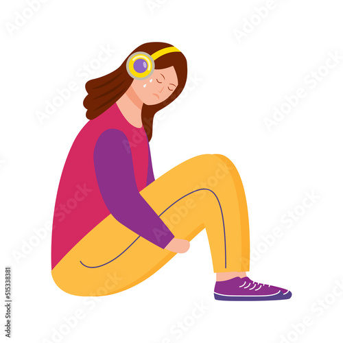 Crying female teenager listening to music semi flat color vector character. Sitting figure. Full body person on white. Simple cartoon style illustration for web graphic design and animation
