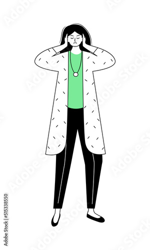 Young woman with auditory overload semi flat color vector character. Posing figure. Hypersensitivity. Full body person on white. Simple cartoon style illustration for web graphic design and animation