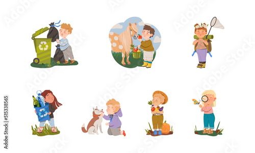 Happy kids protecting nature set. Cute boys and girls collection garbage, caring of animals. Save planet concept vector illustration