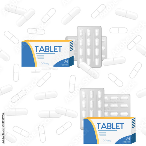 Seamless pattern Tablet in polyester transparent blister pack with cardboard package medical supply vector illustration on white background