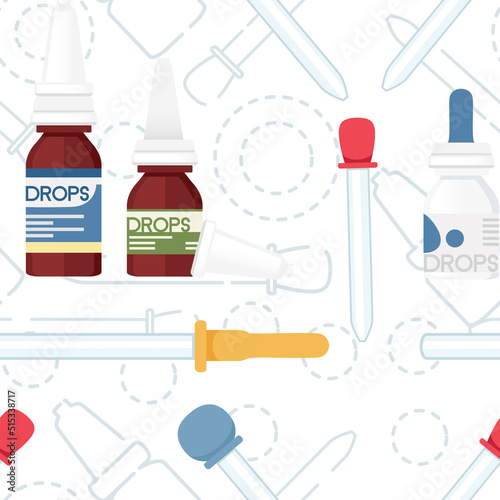 Seamless pattern Medicines with different drops and pipettes cold treatment vector illustration on white background