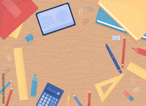 Wooden desk top with stationery essentials flat color vector background template. Learning math. Prepare for classes. Homework assignment. Fully editable 2D illustration with copy space for text