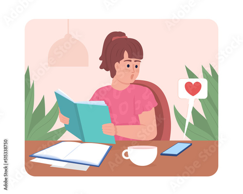 Female student distracted by notifications on phone 2D vector isolated illustration. Surprised girl flat character on cartoon background. Colourful editable scene for mobile, website, presentation
