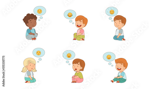 Cute kids expressing emotions set. Little girls and boys sitting on floor with emoticons in speech bubbles cartoon vector illustration