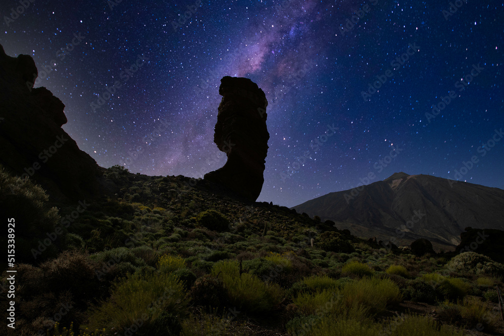 roques de Garcia stone and the milky way Teide mountain volcano in the Teide National Park  Tenerife  Canary Islands  Spain.