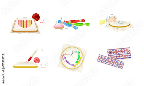 Set of embroidery and needlework tools. Embroidery hoop, threads, needle cartoon vector illustration