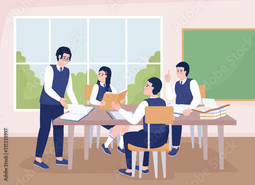 Making good group project together flat color vector illustration. Private school students doing homework. Fully editable 2D simple cartoon characters with school environment on background