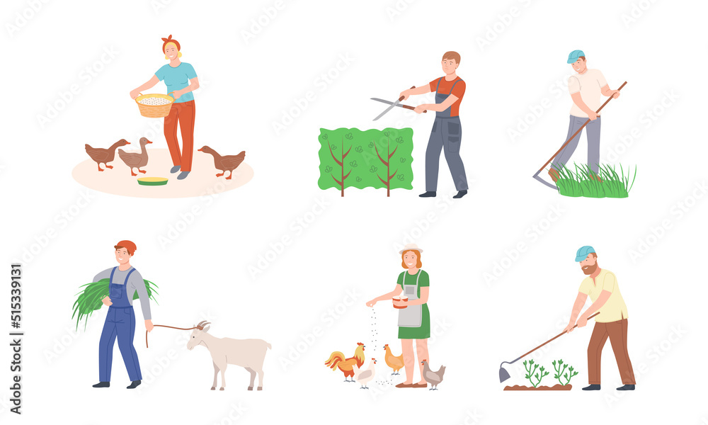 People working on farm set. Farmers feeding poultry, shearing fence, mowing grass cartoon vector illustration