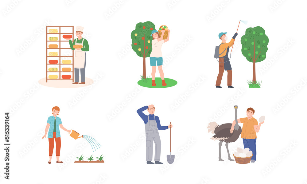 People working on farm set. Farmers harvesting fruits, watering plants, producing cheese cartoon vector illustration