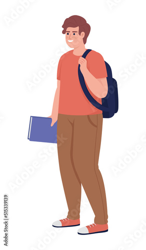 Smiling teenage boy with book semi flat color vector character. Editable figure. Full body person on white. Back to school. Simple cartoon style illustration for web graphic design and animation