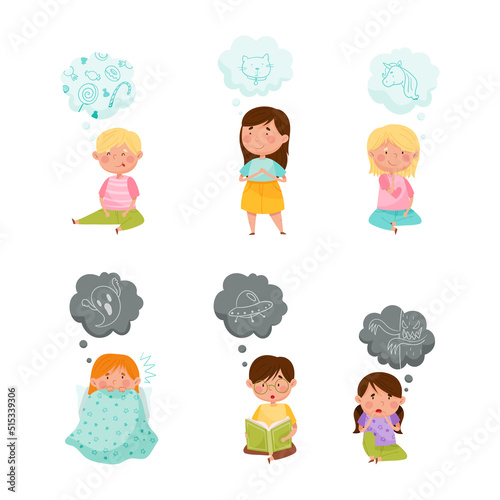 Cute kids with gloomy and positive thoughts in speech bubble set cartoon vector illustration