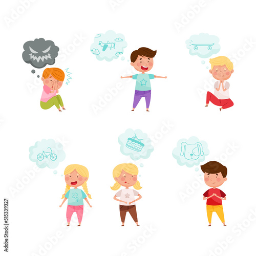Dreaming kids set. Little boys and girls thinking about gift, bike, cake, dog cartoon vector illustration