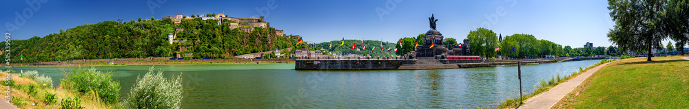 German Corner (Deutsches Eck) in Koblenz at the confluence of Rhine and Moselle river with the monumental statue of William I and fortress Ehrenbreitstein in the state of Rhineland-Palatinate, Germany