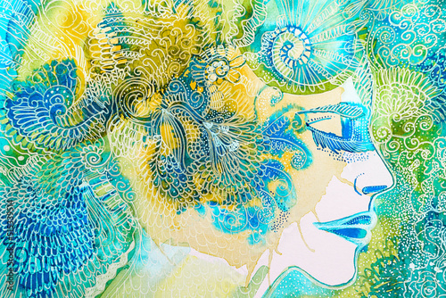 Disegno colorato giallo azzurro donna floreale sta sognando photo