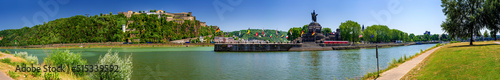 German Corner (Deutsches Eck) in Koblenz at the confluence of Rhine and Moselle river with the monumental statue of William I and fortress Ehrenbreitstein in the state of Rhineland-Palatinate, Germany
