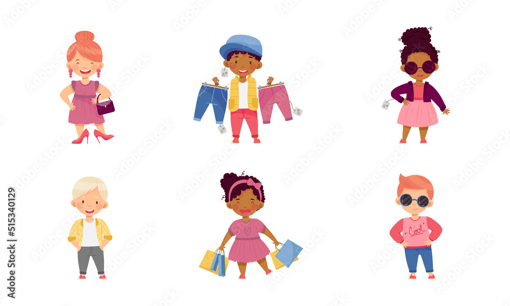 Cute fashionable boys and girls shopping for clothes set vector illustration