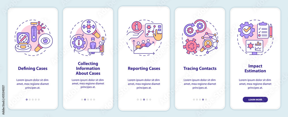 Disease monitoring steps onboarding mobile app screen. Walkthrough 5 steps editable graphic instructions with linear concepts. UI, UX, GUI template. Myriad Pro-Bold, Regular fonts used