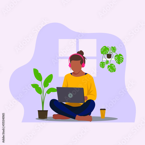 This is a flat illustration of a girl freelancing in a peaceful, calm environment with music.
