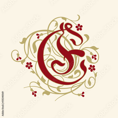 Ornamental Initial Letter E With Golden Tendrils, Leaves  And Small Burgundy Flowers On A Beige Background