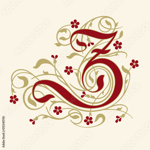 Ornamental Initial Letter Z With Golden Tendrils, Leaves  And Small Burgundy Flowers On A Beige Background