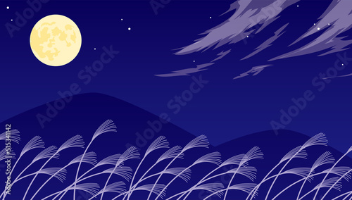 中秋の名月 ススキの野原と山並みが見える夜景に満月が浮かぶ風景(16:9)