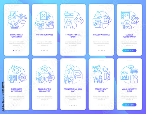 University and college problems blue gradient onboarding mobile app screen set. Walkthrough 5 steps graphic instructions with linear concepts. UI, UX, GUI template. Myriad Pro-Bold, Regular fonts used