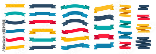 Set of 31 ribbons.  Ribbon elements. Tape vector icon set on white background. Starburst label. Collection of labels. popular set of multi-colored ribbons on a white background.
