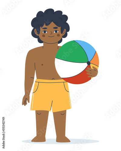 A dark-skinned boy in yellow shorts holds a beach ball to play on the beach or water. Isolated on white background.Flat vector illustration. Eps10