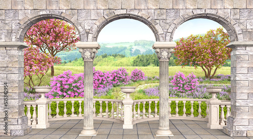Billede på lærred Stone terrace with columns View of the blooming garden