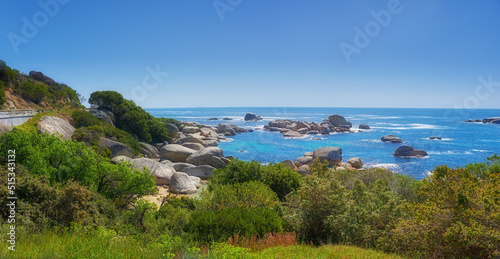 Landscape of many rocks in the ocean surrounded by green bushes or shrubs. Large stones around tidal pool in the sea. Boulders of various shapes in blue water near coastal area in Hout Bay, Cape Town