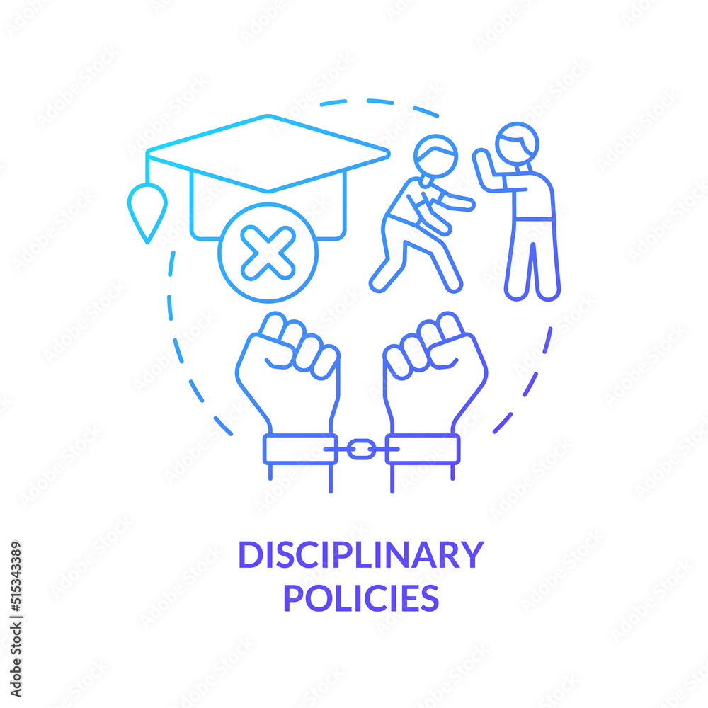 Disciplinary policies blue gradient concept icon. Control student behavior. Major education issue abstract idea thin line illustration. Isolated outline drawing. Myriad Pro-Bold font used Disciplinary policies blue gradient concept icon. Control student behavior. Major education issue abstract idea thin line illustration. Isolated outline drawing. Myriad Pro-Bold font used