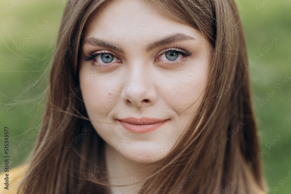 Front close up of caucasian woman, beautiful young human face with white skin, smile look at camera open and confident. Portrait of caucasian european lady. Front close up of caucasian woman, beautiful young human face with white skin, smile look at camera open and confident. Portrait of caucasian european lady.