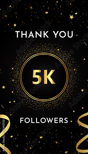 Thank you 5k or 5 thousand followers with gold glitters and confetti isolated on black background. Premium design for social sites posts, greeting card, banner, social networks, poster.