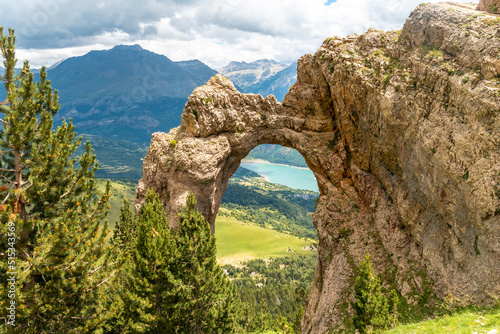 Piedrafita Arch and Bubal Reservoir in the Pyrenees at Biescas in summer, Alto Gallego, Huesca