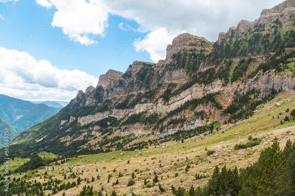 Mountains of the Valle de Tena next to the Arco de Piedrafita in the Pyrenees in Biescas in summer