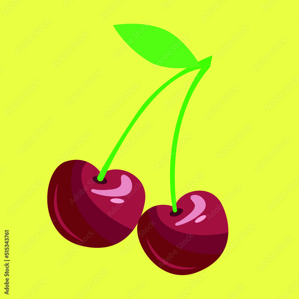 Cherry, cherry with tail and leaf, illustration Cherry, cherry with tail and leaf, illustration