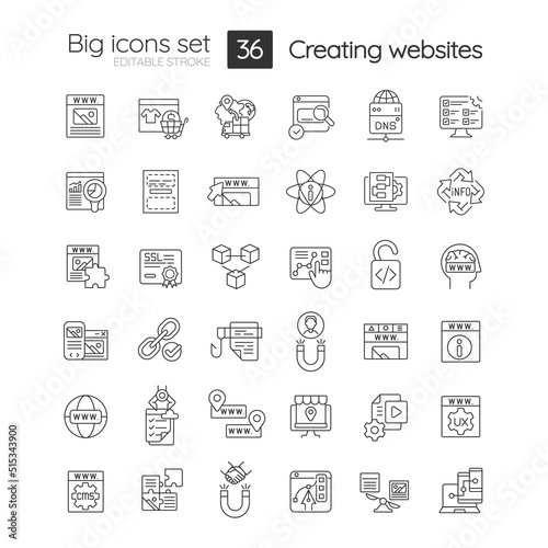 Building website linear icons set. Web traffic. Information architecture. Content. Customizable thin line symbols. Isolated vector outline illustrations. Editable stroke. Quicksand-Light font used