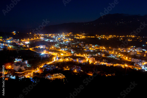 Cityscape of the blue city Chefchaouen by night