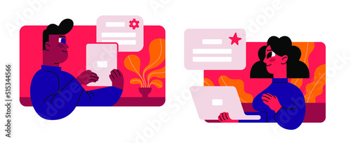 Team communication concept. Project management, cooperation, interaction of employees at work. Workflow organization. Simple flat  vector illustration on white background