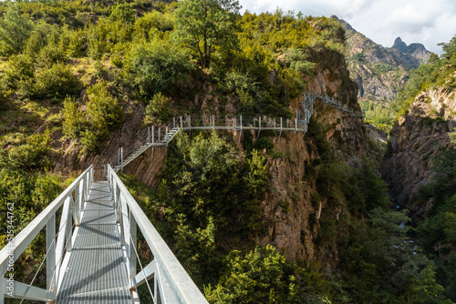 Path of the metal footbridge in the mountain in the town of Panticosa in the Pyrenees, Huesca. Spain