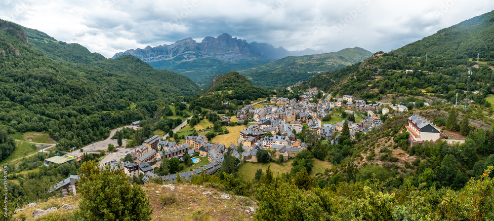 Panoramic view of the mountains and the town of Panticosa in the Pyrenees. Huesca. Spain