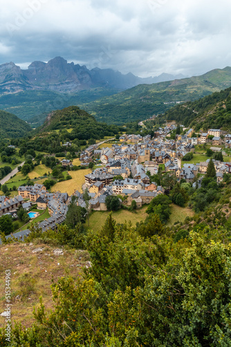 View of the mountains and the town of Panticosa in the Pyrenees. Huesca. Spain