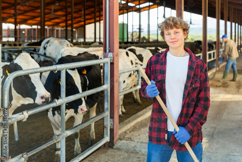 Foto Young male milk farm worker standing in cowhouse with working tool in hands