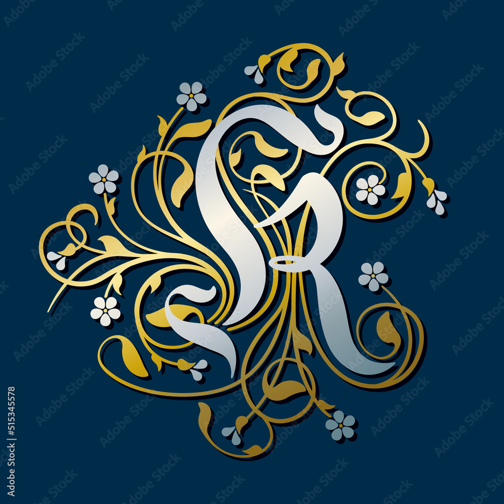 Ornamental Silver Initial Letter K With Golden Tendrils, Leaves And Forget-me-not Flowers On A Dark Blue Background Ornamental Silver Initial Letter K With Golden Tendrils, Leaves And Forget-me-not Flowers On A Dark Blue Background