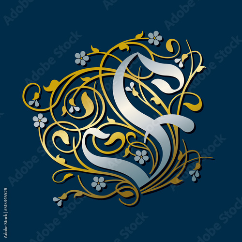 Ornamental Silver Initial Letter F With Golden Tendrils, Leaves And Forget-me-not Flowers On A Dark Blue Background