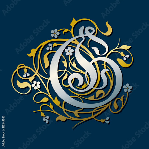 Ornamental Silver Initial Letter G With Golden Tendrils, Leaves And Forget-me-not Flowers On A Dark Blue Background