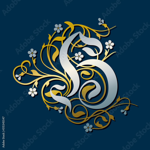 Ornamental Silver Initial Letter H With Golden Tendrils, Leaves And Forget-me-not Flowers On A Dark Blue Background