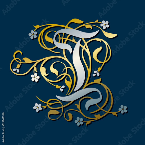 Ornamental Silver Initial Letter I With Golden Tendrils, Leaves And Forget-me-not Flowers On A Dark Blue Background